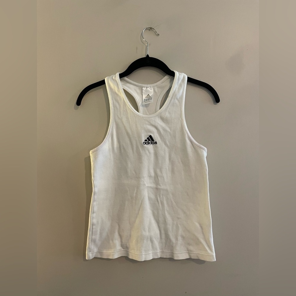 White Adidas Racerback Tank with Black Embroidered Logo